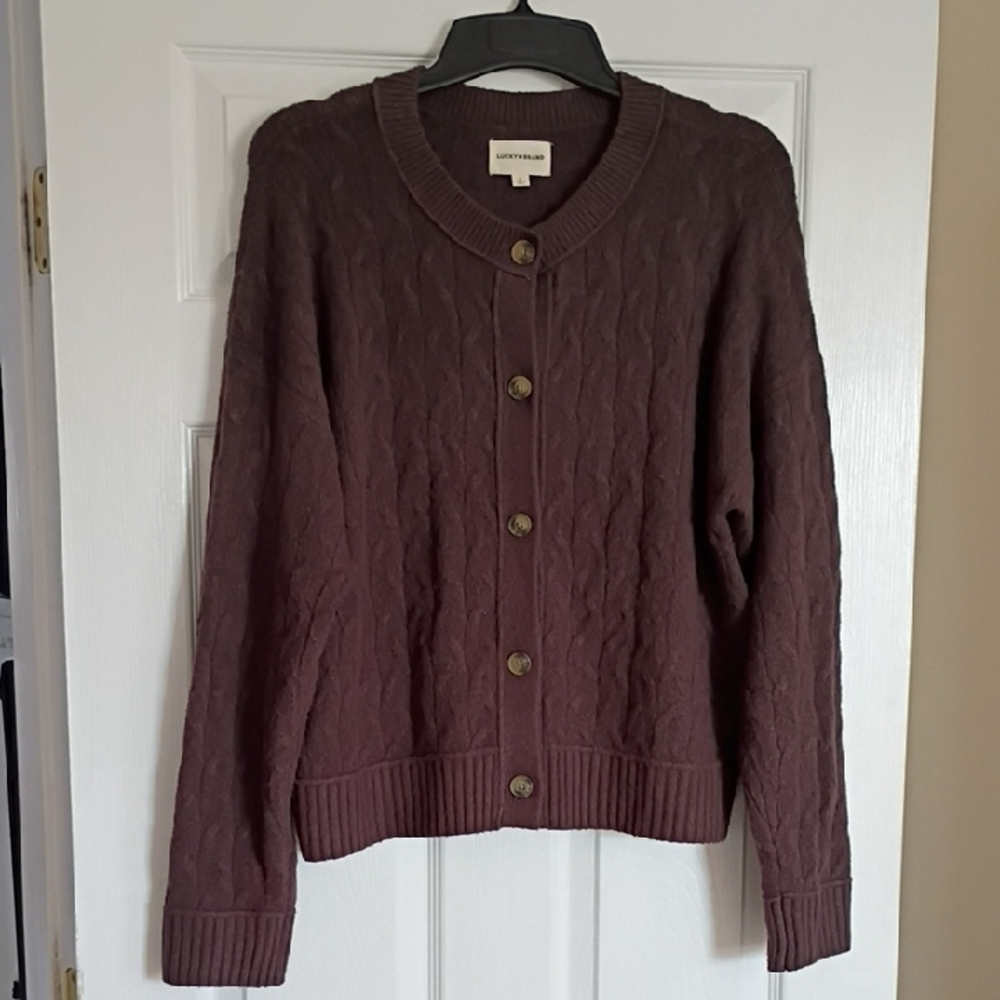 Lucky Brand Chocolate Brown Cable Cardigan, L